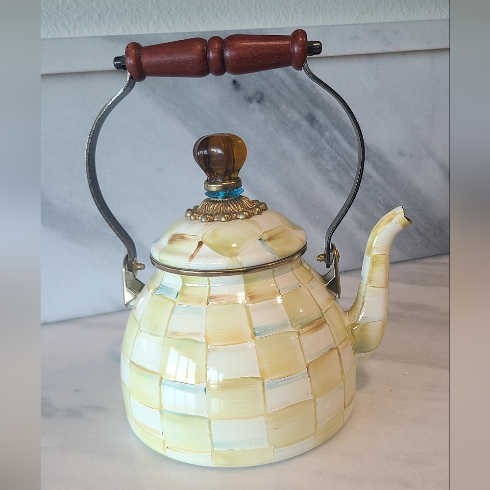 MacKenzie-Childs Parchment Check Enamel Tea Kettle